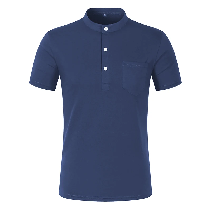 Men's Stand Collar Short Sleeve Henley Shirt Polyester Twill Lightweight Breathable Casual Tops with Chest Pocket plus size