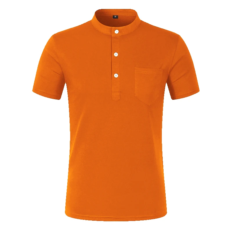 Men's Stand Collar Short Sleeve Henley Shirt Polyester Twill Lightweight Breathable Casual Tops with Chest Pocket plus size