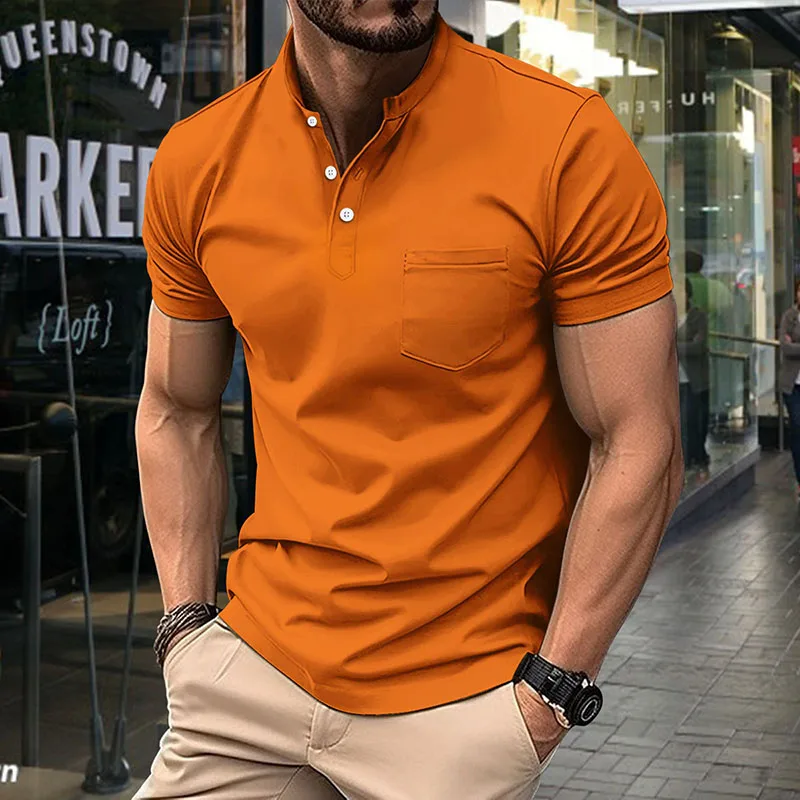 Men's Stand Collar Short Sleeve Henley Shirt Polyester Twill Lightweight Breathable Casual Tops with Chest Pocket plus size