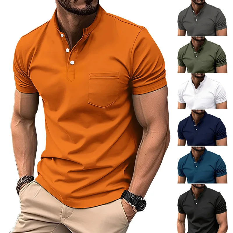 Men's Stand Collar Short Sleeve Henley Shirt Polyester Twill Lightweight Breathable Casual Tops with Chest Pocket plus size