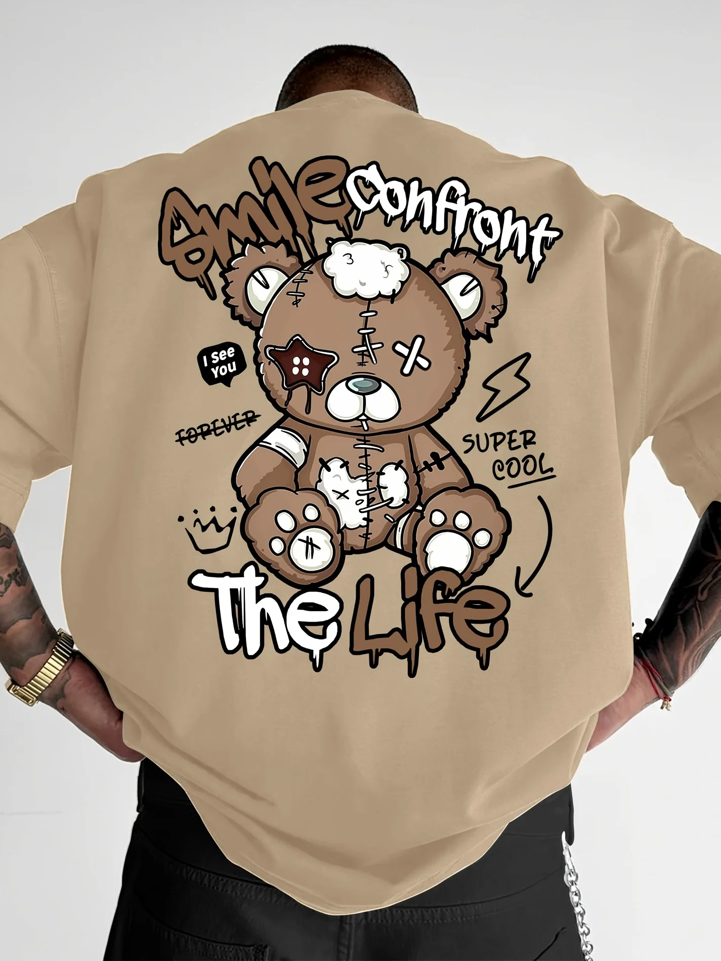 Summer new men's fashion style teddy bear letter print comfortable and breathable round neck T-shirt outdoor high street top