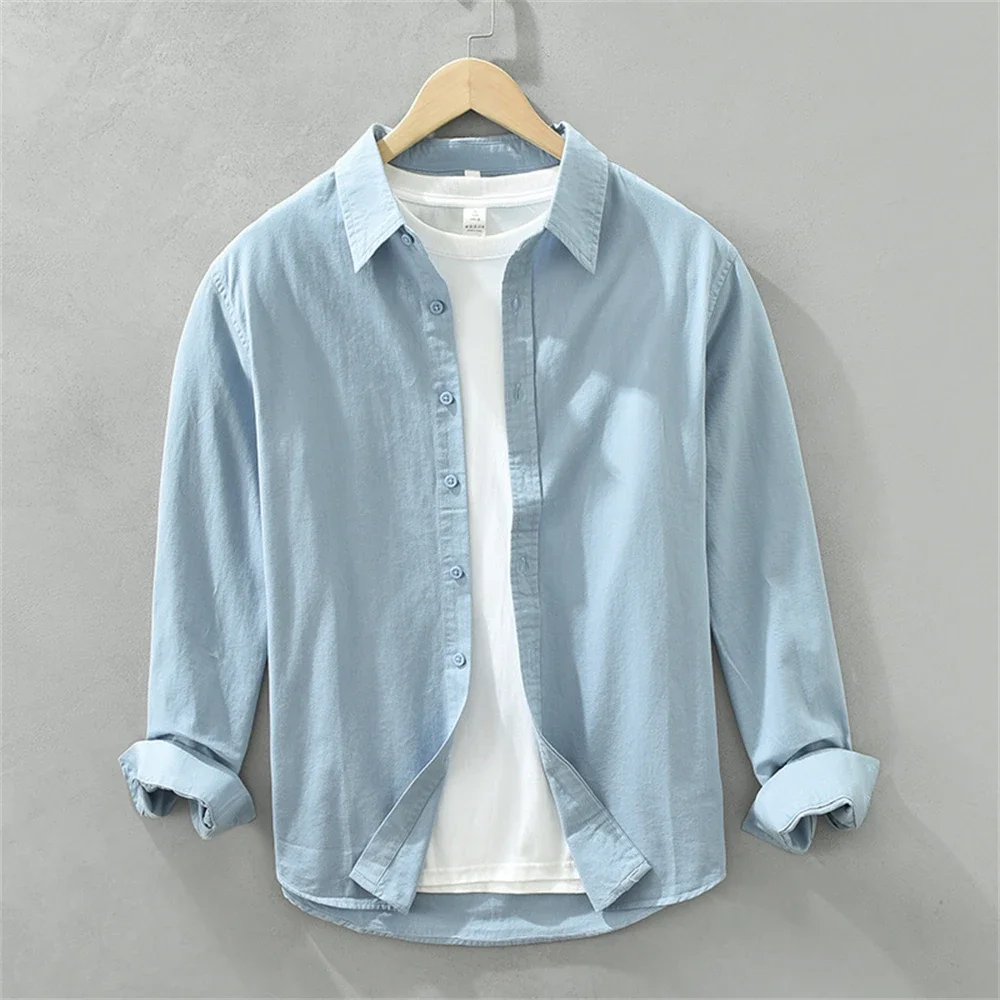 Men's Japanese Style Long Sleeve Shirt Solid Color Cotton Casual Loose Fit Tops Work Daily Shirts For Young Men