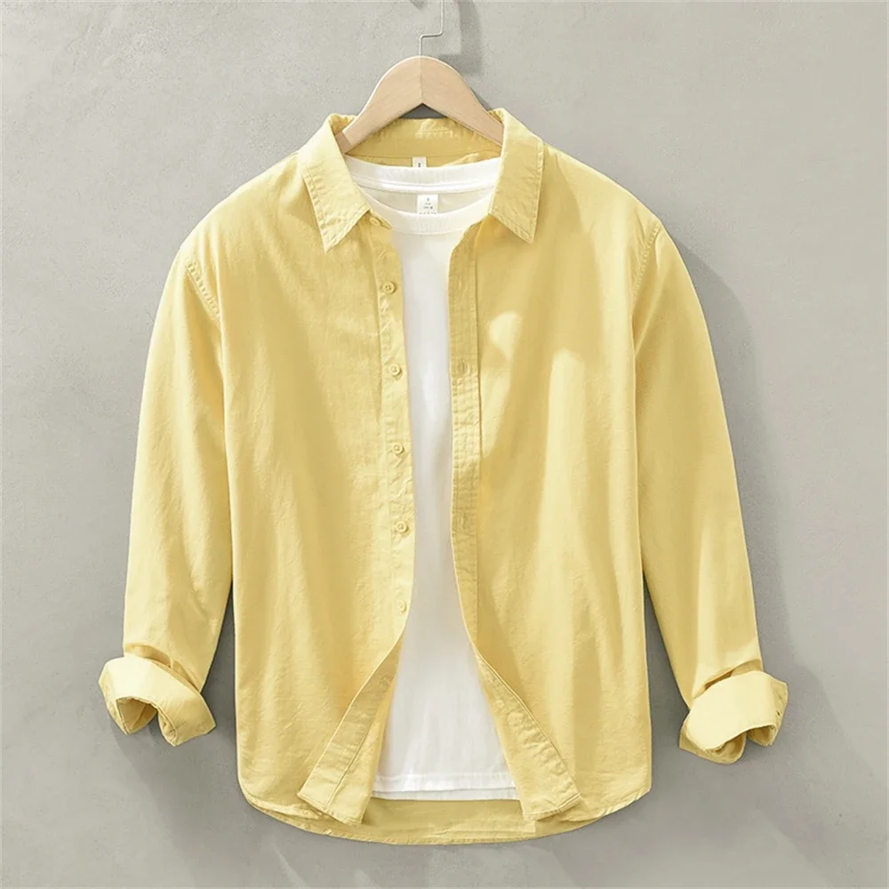 Men's Japanese Style Long Sleeve Shirt Solid Color Cotton Casual Loose Fit Tops Work Daily Shirts For Young Men