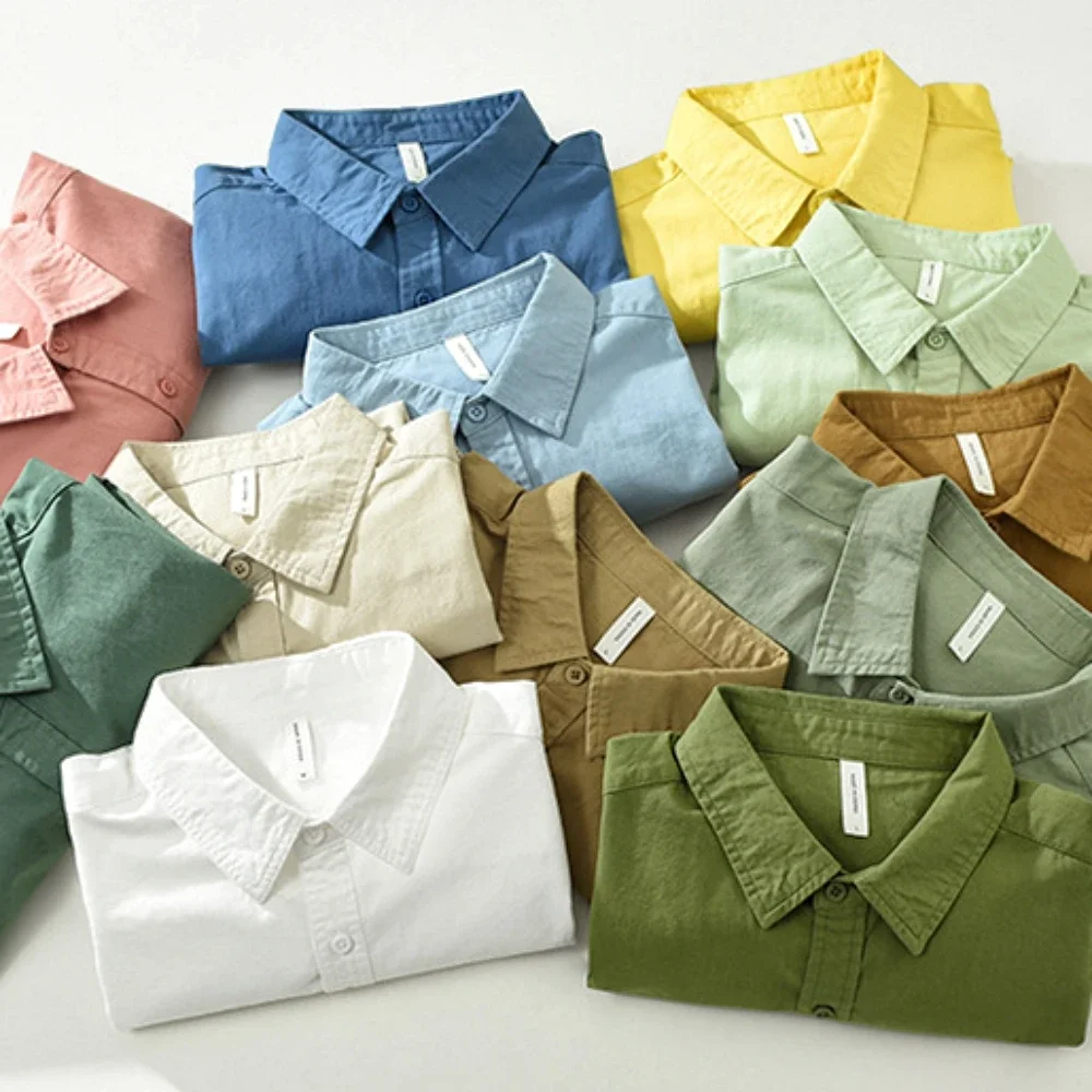 Men's Japanese Style Long Sleeve Shirt Solid Color Cotton Casual Loose Fit Tops Work Daily Shirts For Young Men