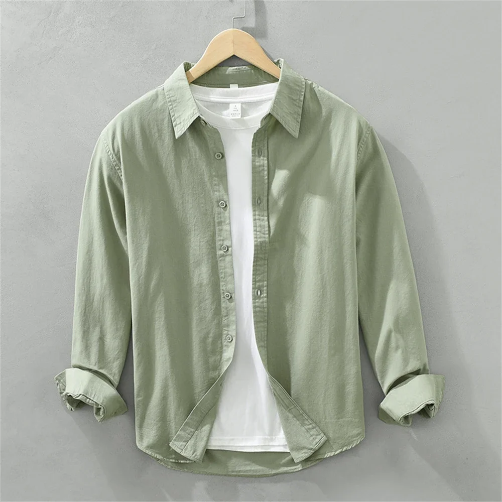 Men's Japanese Style Long Sleeve Shirt Solid Color Cotton Casual Loose Fit Tops Work Daily Shirts For Young Men