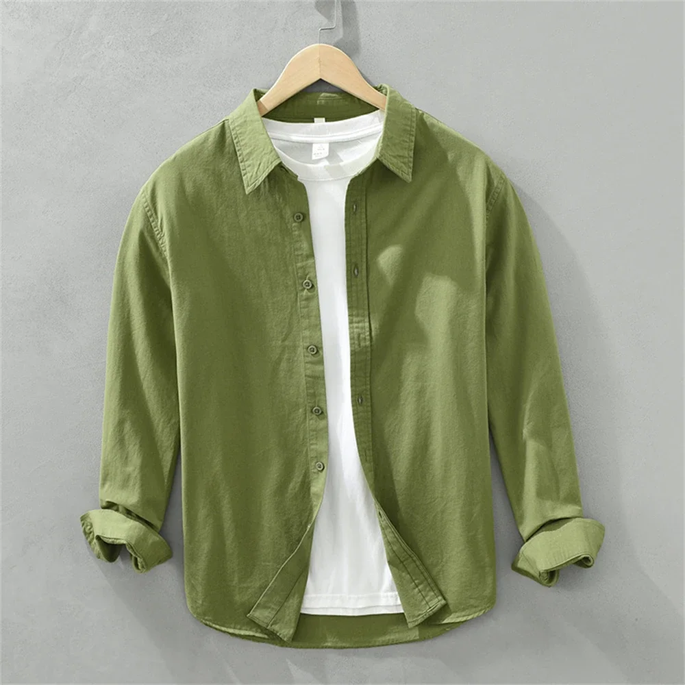 Men's Japanese Style Long Sleeve Shirt Solid Color Cotton Casual Loose Fit Tops Work Daily Shirts For Young Men