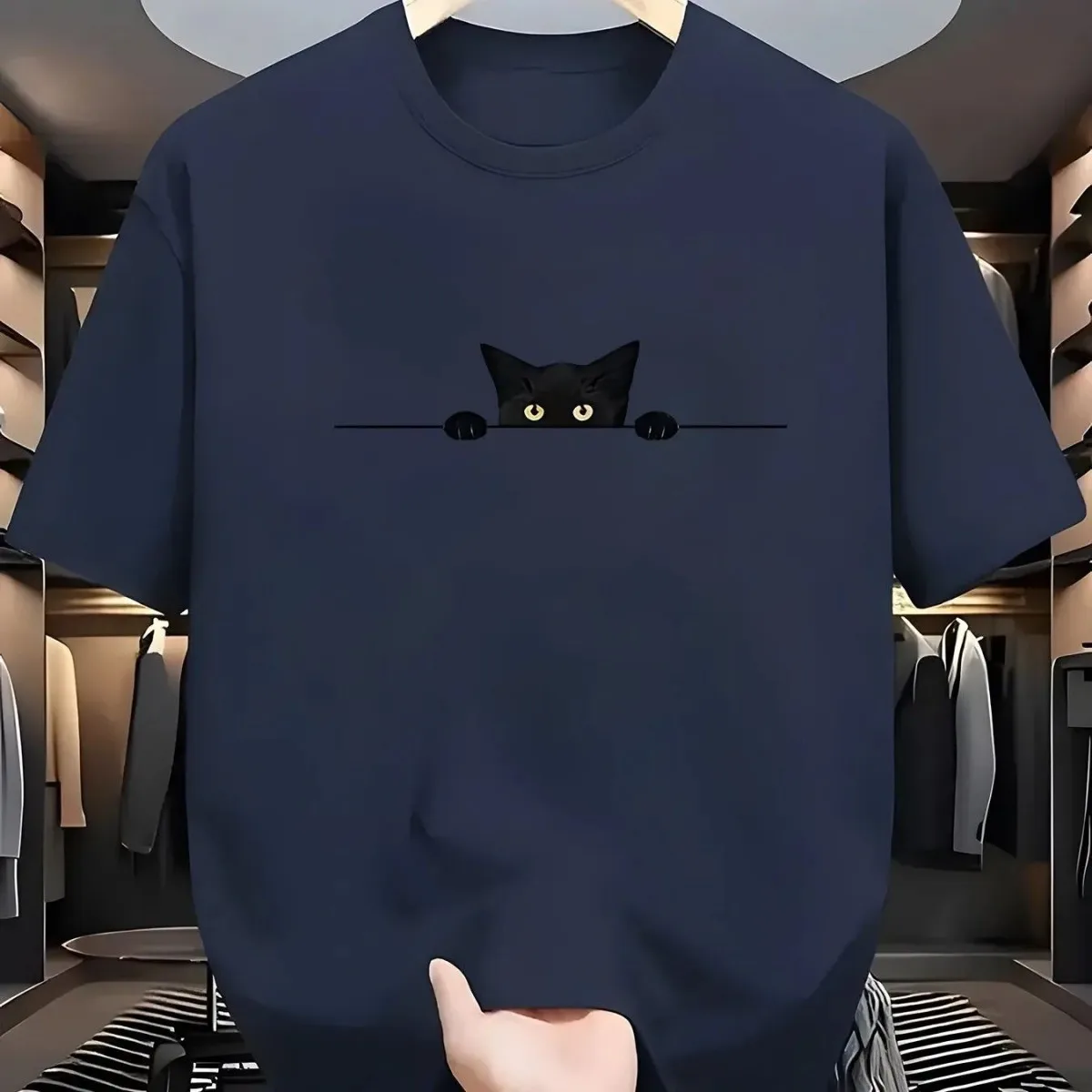 Men's new summer cute kitten print soft and breathable round neck T-shirt outdoor casual versatile top