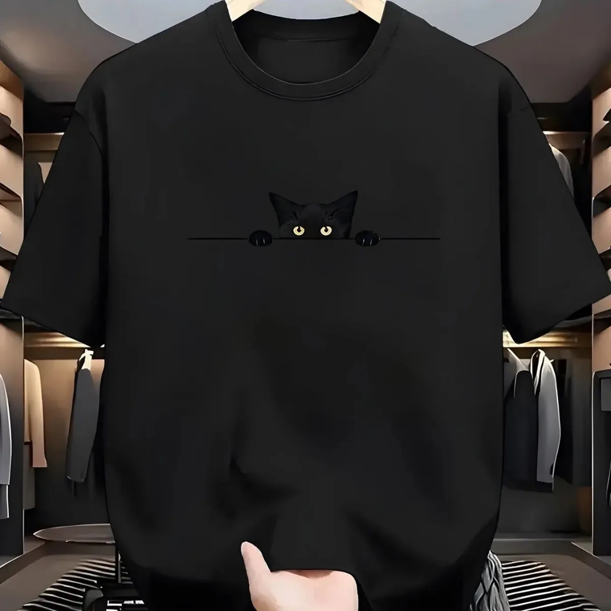 Men's new summer cute kitten print soft and breathable round neck T-shirt outdoor casual versatile top