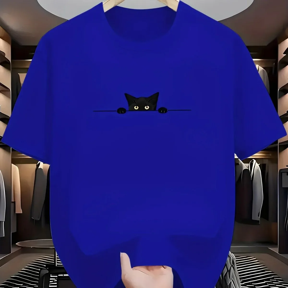 Men's new summer cute kitten print soft and breathable round neck T-shirt outdoor casual versatile top