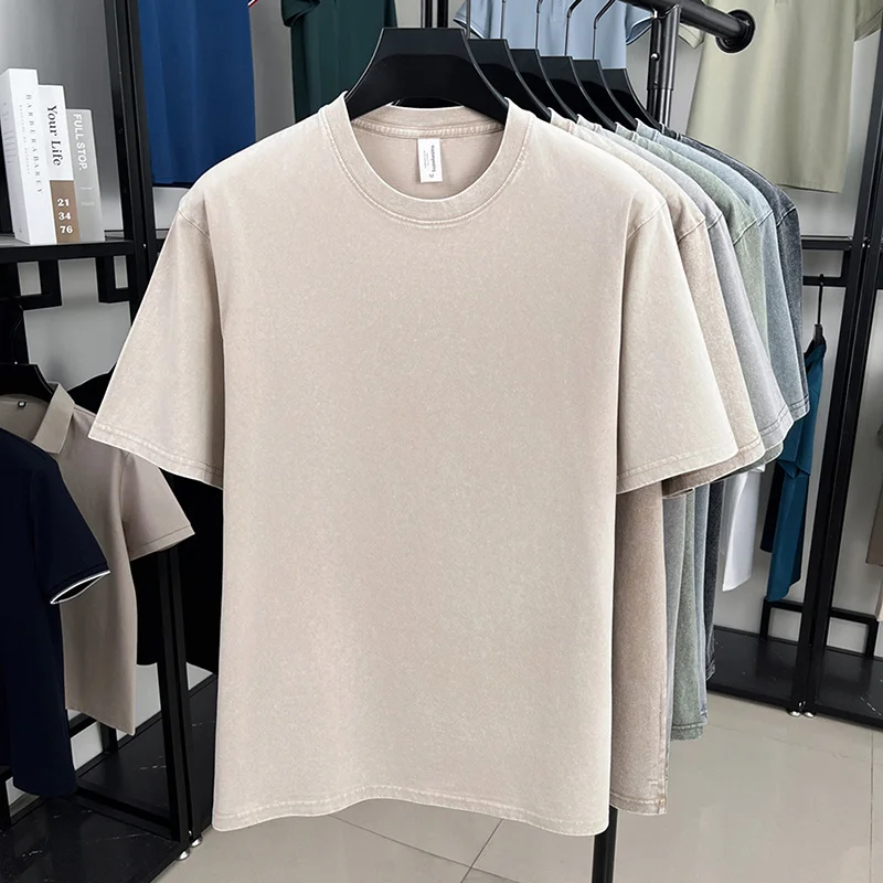 American Style Retro Heavyweight Solid Color Short Sleeved T-shirt Men Women Summer Street Trendy Washed Old Oversized Clothes