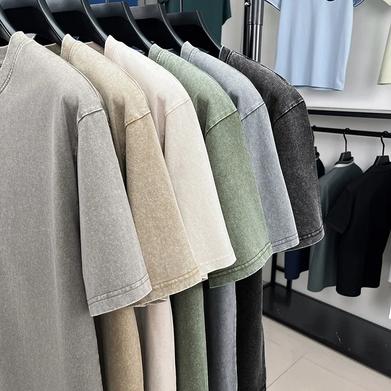 American Style Retro Heavyweight Solid Color Short Sleeved T-shirt Men Women Summer Street Trendy Washed Old Oversized Clothes