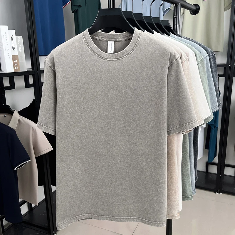 American Style Retro Heavyweight Solid Color Short Sleeved T-shirt Men Women Summer Street Trendy Washed Old Oversized Clothes