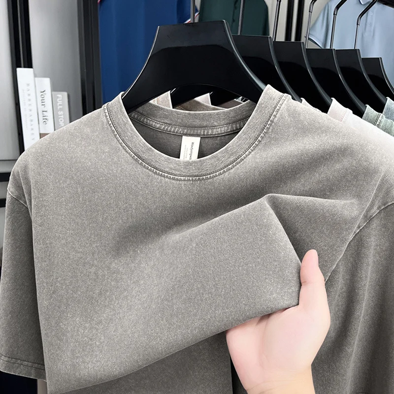 American Style Retro Heavyweight Solid Color Short Sleeved T-shirt Men Women Summer Street Trendy Washed Old Oversized Clothes