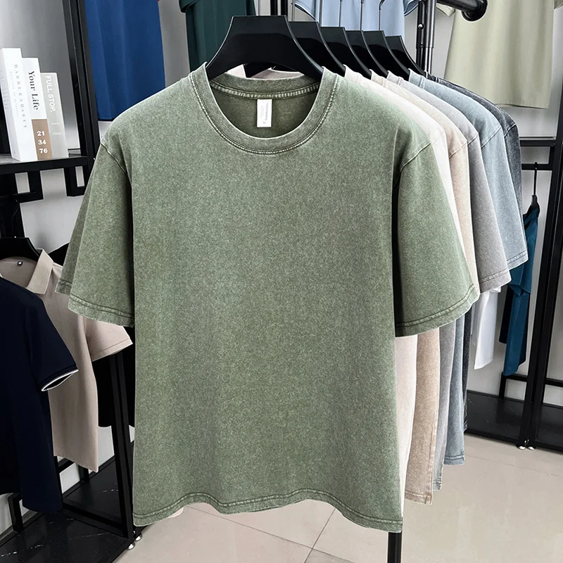 American Style Retro Heavyweight Solid Color Short Sleeved T-shirt Men Women Summer Street Trendy Washed Old Oversized Clothes