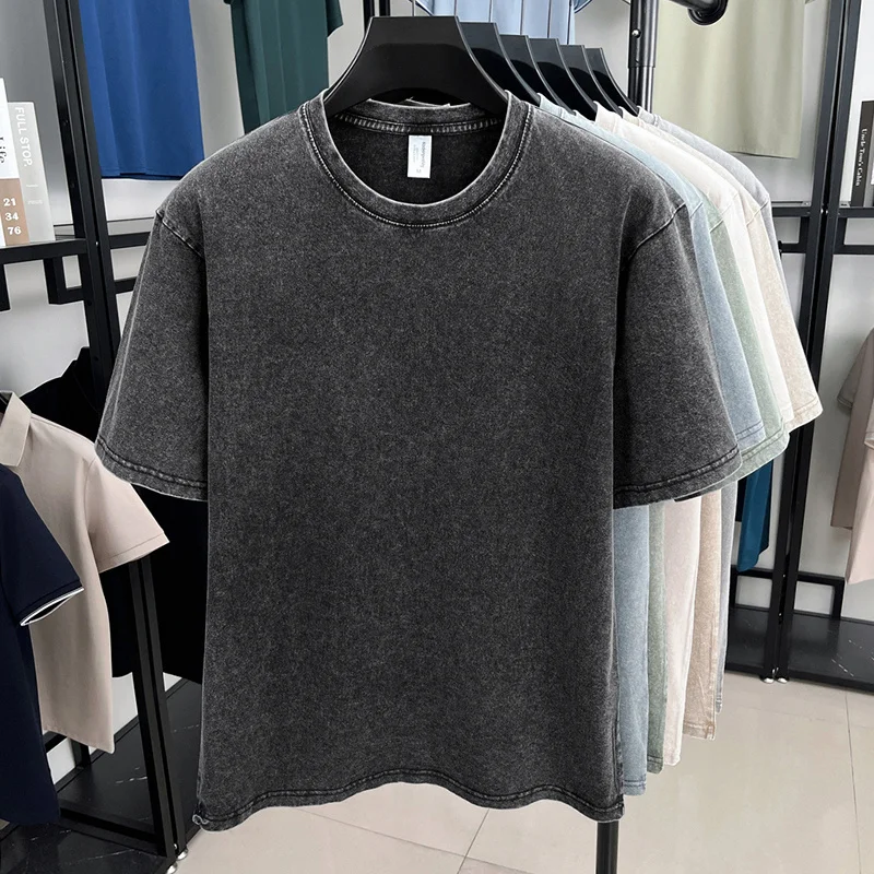 American Style Retro Heavyweight Solid Color Short Sleeved T-shirt Men Women Summer Street Trendy Washed Old Oversized Clothes