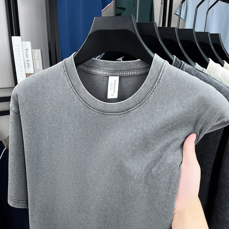 American Style Retro Heavyweight Solid Color Short Sleeved T-shirt Men Women Summer Street Trendy Washed Old Oversized Clothes