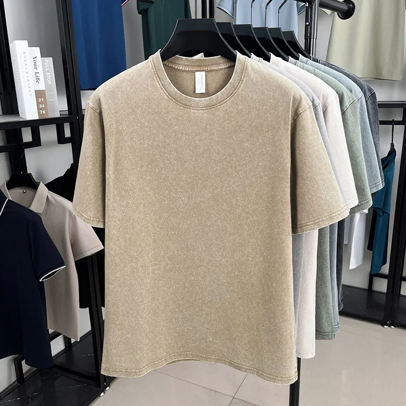 American Style Retro Heavyweight Solid Color Short Sleeved T-shirt Men Women Summer Street Trendy Washed Old Oversized Clothes