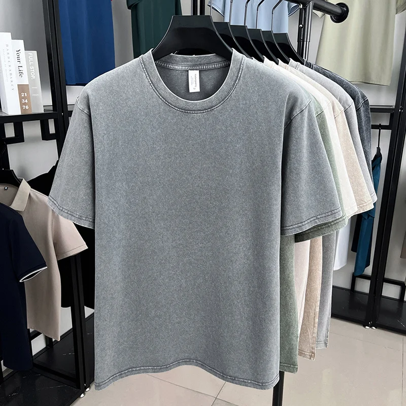 American Style Retro Heavyweight Solid Color Short Sleeved T-shirt Men Women Summer Street Trendy Washed Old Oversized Clothes