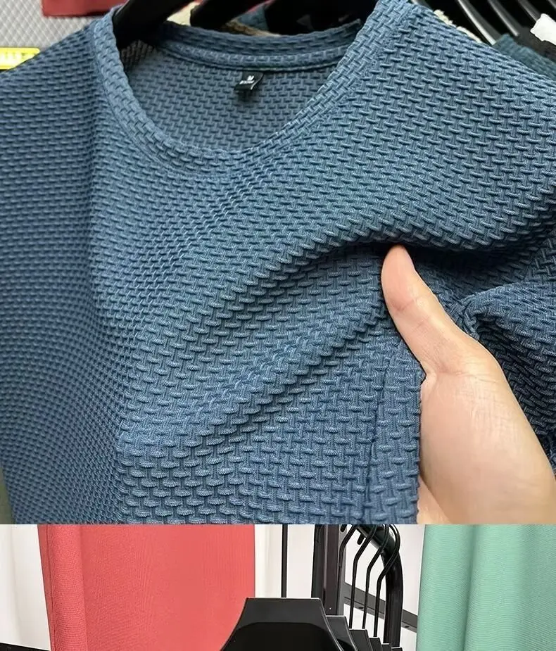 Mesh Ice Silk T-shirt Men's Short sleeved Round Neck New T-sleeved Men's Bottom Shirt Summer Solid Color Men's Top