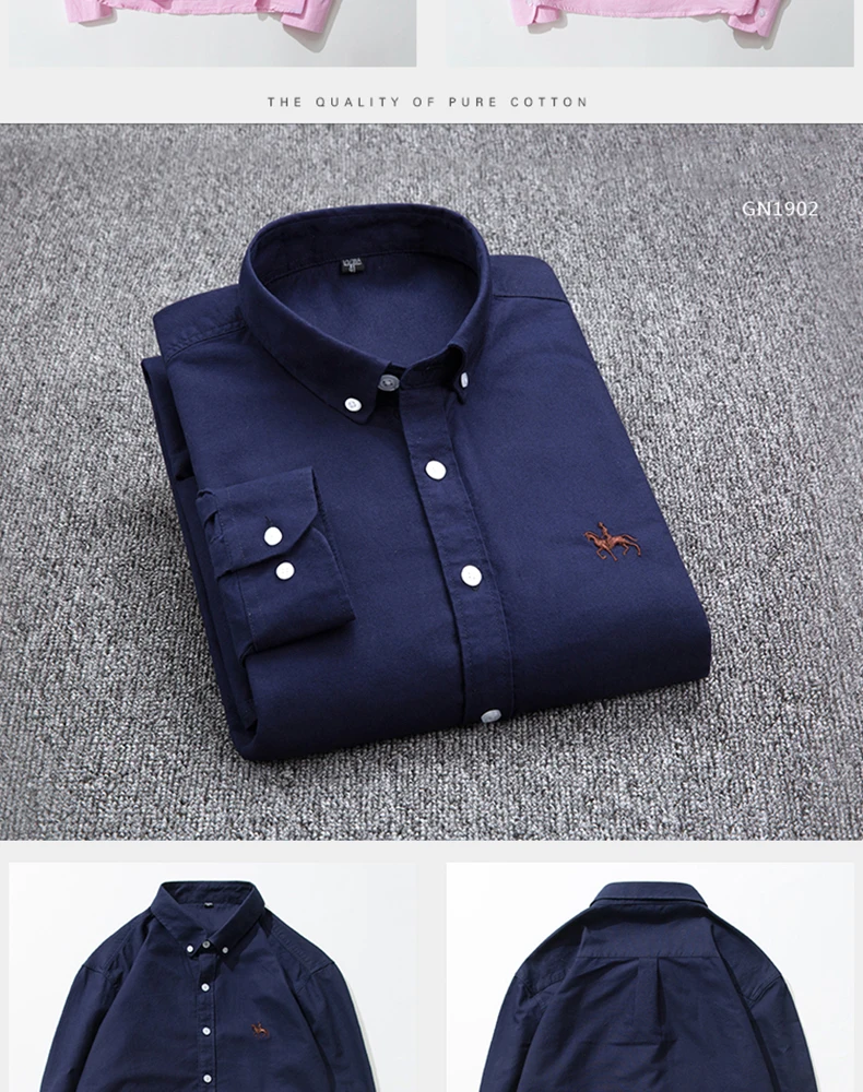 Casual Pure Cotton Oxford Mens Shirts Long Sleeve Embroidery Horse Design Regular Fit Fashion Button Man White Dress Shirt