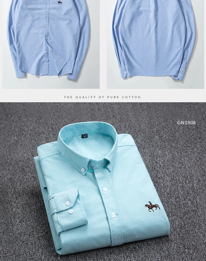 Casual Pure Cotton Oxford Mens Shirts Long Sleeve Embroidery Horse Design Regular Fit Fashion Button Man White Dress Shirt
