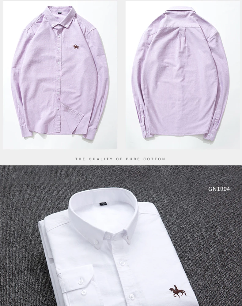 Casual Pure Cotton Oxford Mens Shirts Long Sleeve Embroidery Horse Design Regular Fit Fashion Button Man White Dress Shirt