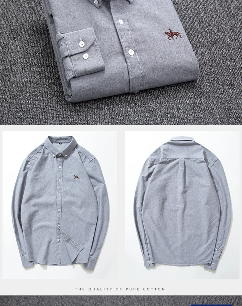 Casual Pure Cotton Oxford Mens Shirts Long Sleeve Embroidery Horse Design Regular Fit Fashion Button Man White Dress Shirt